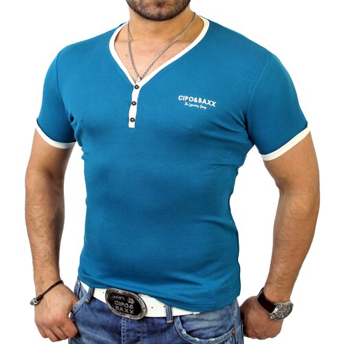 Cipo & Baxx Herren V-Neck Basic Kontrast T-Shirt C-5335 Petrolblau M