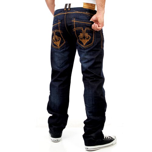 R-Neal Herren Clubwear Used Look Kontrast Naht Jeans Hose RN-7582 Blau W32/L32