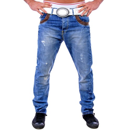 VSCT Herren Clubwear Leder Patched Jeans Hose V-0139 Blau W30/L34