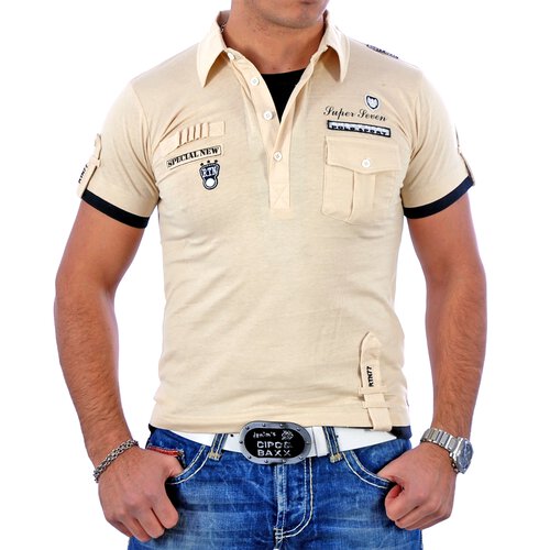 Rusty Neal T-Shirt 2in1 Layer Style Polo V-Neck Shirt RN-301 Beige-Schwarz L