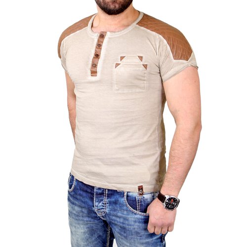 Tazzio T-Shirt Herren Kunst- Lederimitat Patched Buttoned Shirt TZ-15136 Stone M
