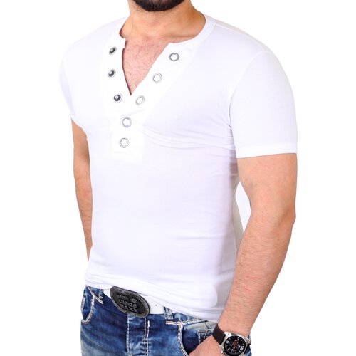 Reslad T-Shirt Herren Casual Basic Big Button V-Neck Style Shirt RS-621 Wei L
