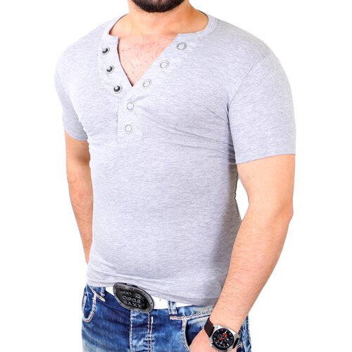 Reslad T-Shirt Herren Casual Basic Big Button V-Neck Style Shirt RS-621 Grau S