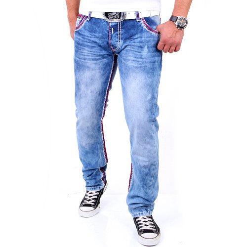 Reslad Herren Jeans Dicke Kontrast Doppel-Naht Used Look Jeanshose