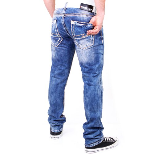 Reslad Herren Jeans Dicke Kontrast Doppel-Naht Used Look Jeanshose RS-2007 Blau-Camel W33 / L32
