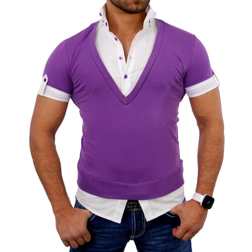 Tazzio T-Shirt Herren 2in1 Layer Style Kurzarm Shirt TZ-903 Lila-Wei S