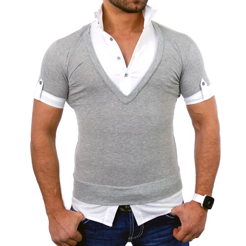 Tazzio T-Shirt Herren 2in1 Layer Style Kurzarm Shirt TZ-903 Grau-Wei S