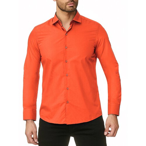 Reslad Herren Hemd Kentkragen Unicolor Langarmhemd RS-7002 Orange M