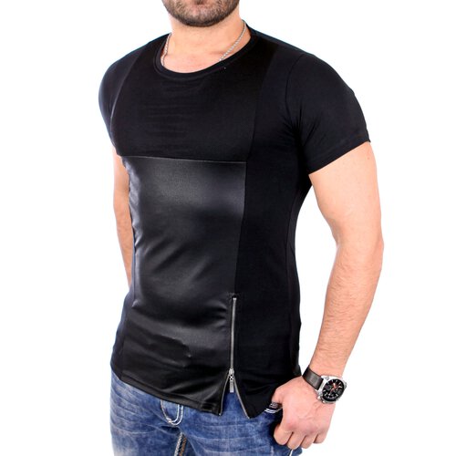Reslad T-Shirt Herren Material Mix Zipper Style Kurzarm Shirt RS-20209 Schwarz L