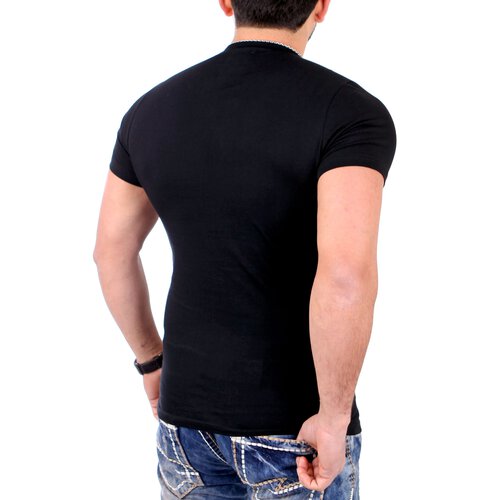 Reslad T-Shirt Herren Material Mix Zipper Style Kurzarm Shirt RS-20209 Schwarz L