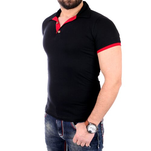 Reslad T-Shirt Herren Basic Kontrast Polokragen Shirt RS-5099 Schwarz-Rot M