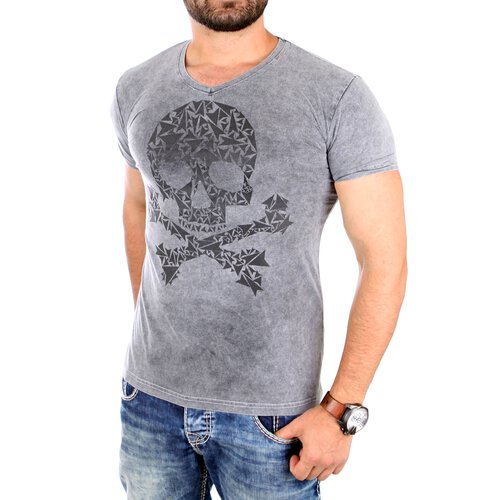 ReRock T-Shirt Herren SKULL Motiv Print Slim Fit V-Neck Shirt RR-178 Anthrazit L