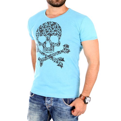 ReRock T-Shirt Herren SKULL Motiv Print Slim Fit V-Neck Shirt RR-178 Blau L