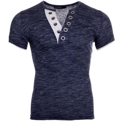 Reslad T-Shirt Herren Melange Basic Big Button V-Neck Kurzarm-Shirt RS-5002