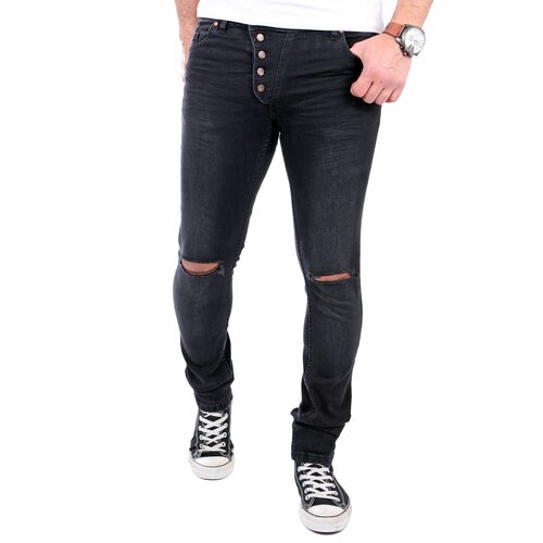 Reslad Jeans-Herren Knie Zerrissen Slim Fit Denim Destroyed Jeans-Hose RS-2067 Schwarz W31 / L32