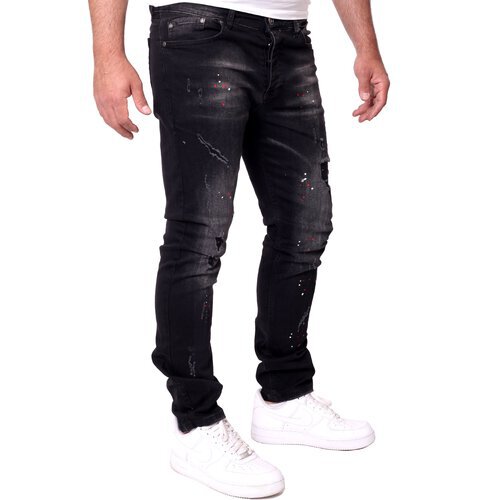 Reslad Jeans Herren Color-Splashes Stretch Denim Destroyed Jeanshose Mnner-Hose Slim Fit RS-2101 Schwarz W38 / L32