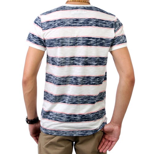 Sublevel Herren Y-Neck Stripes T-Shirt SL-20030 Blau-Rosa M
