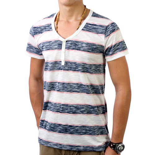 Sublevel Herren Y-Neck Stripes T-Shirt SL-20030 Blau-Rosa XL