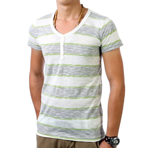 Sublevel Herren Y-Neck Stripes T-Shirt SL-20030 Grau-Grn 2XL
