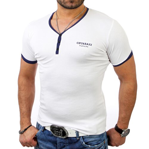 Cipo & Baxx Herren V-Neck Basic Kontrast T-Shirt C-5335 Wei XL