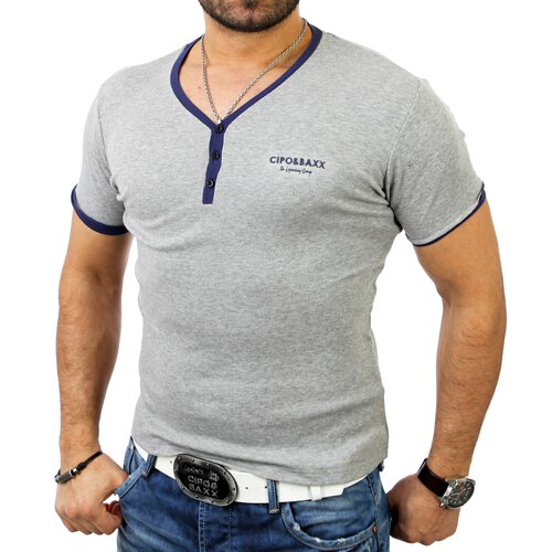 Cipo & Baxx Herren V-Neck Basic Kontrast T-Shirt C-5335 Grau S