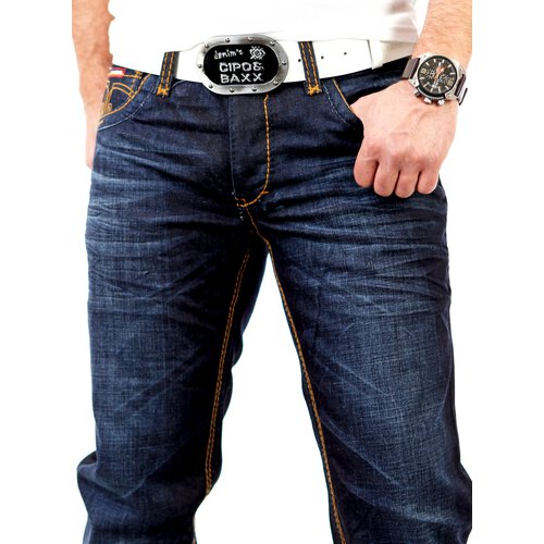 R-Neal Herren Clubwear Used Look Kontrast Naht Jeans Hose RN-7582 Blau