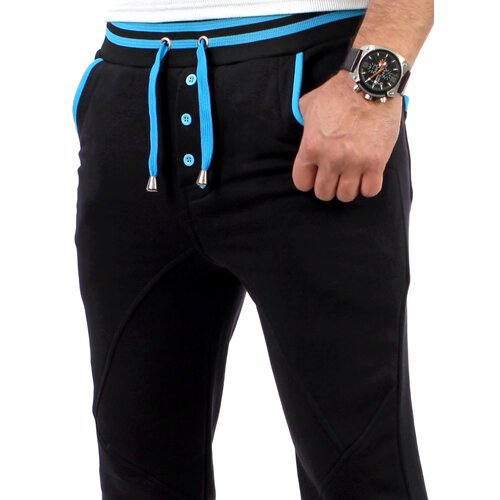 Reslad Herren Buttoned Style Sweatpants Jogginghose RS-5150 Schwarz-Trkis S