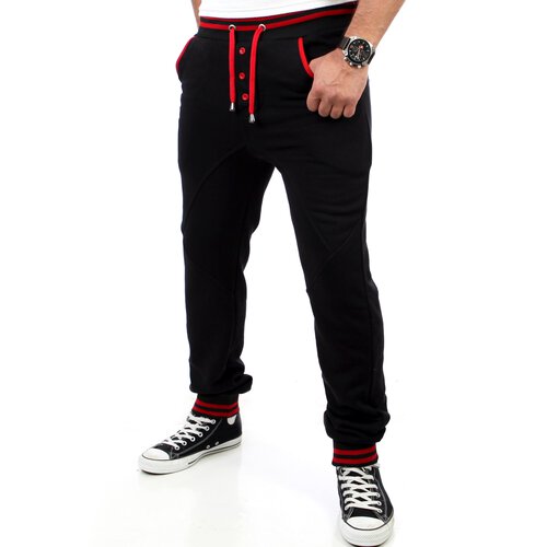 Reslad Herren Buttoned Style Sweatpants Jogginghose RS-5150 Schwarz-Rot L