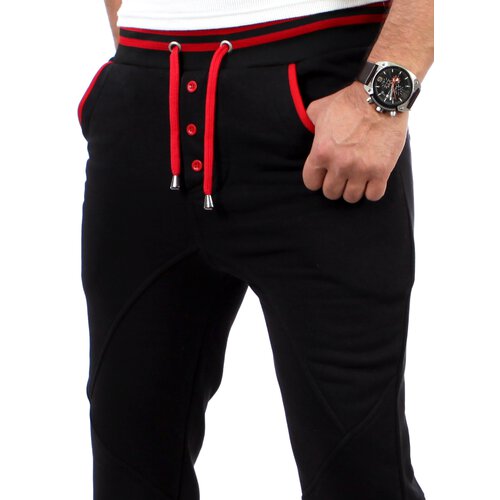 Reslad Herren Buttoned Style Sweatpants Jogginghose RS-5150 Schwarz-Rot L