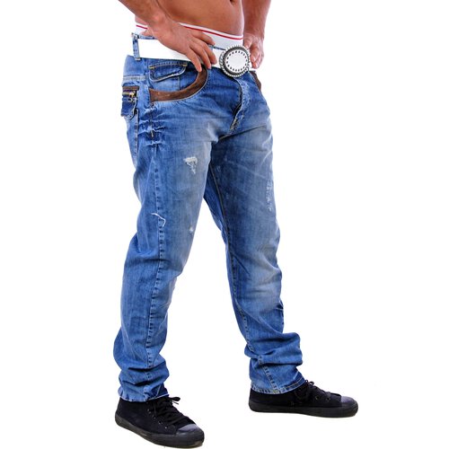 VSCT Herren Clubwear Leder Patched Jeans Hose V-0139 Blau