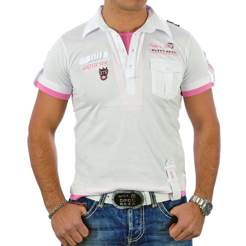 Rusty Neal T-Shirt 2in1 Layer Style Polo V-Neck Shirt RN-301 Wei-Pink M
