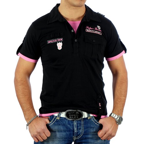 Rusty Neal T-Shirt 2in1 Layer Style Polo V-Neck Shirt RN-301 Schwarz-Pink S
