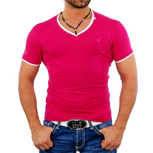 Cipo & Baxx T-Shirt Herren Button Style Kontrast V-Neck Shirt C-5245 Pink XL