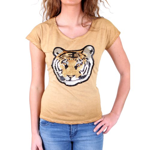 Tazzio T-Shirt Damen Paillietten Artwork Tiger Shirt TZ-714 Camel M