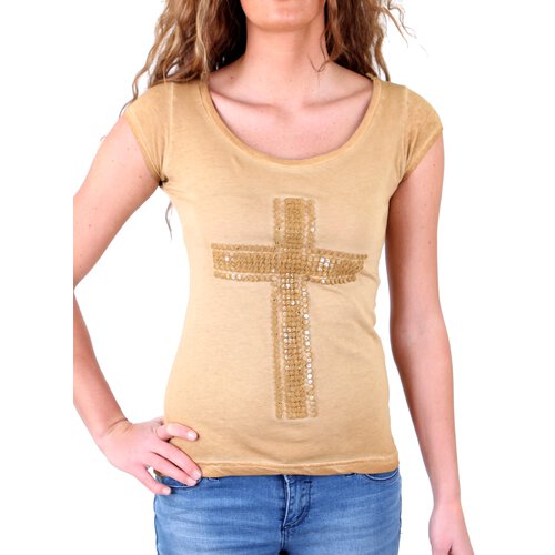 Tazzio T-Shirt Damen Artwork Crucifix Kreuz Shirt TZ-710 Camel S