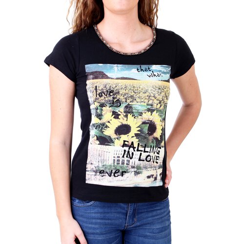 Madonna T-Shirt Damen TIRIL Rundhals mit Perlen Sunflower Print Shirt MF-406981 Schwarz XS