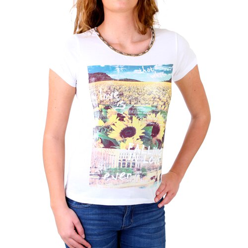 Madonna T-Shirt Damen TIRIL Rundhals mit Perlen Sunflower Print Shirt MF-406981 Wei S