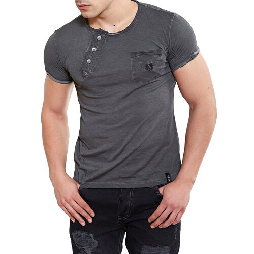 Tazzio T-Shirt Herren Buttoned Vintage Style Washed O-Neck Shirt TZ-15116 Anthrazit S