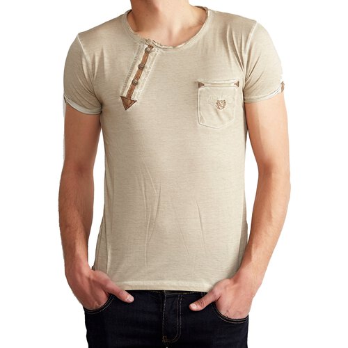 Tazzio T-Shirt Herren Buttoned Vintage Style Washed O-Neck Shirt TZ-15116 Stone S