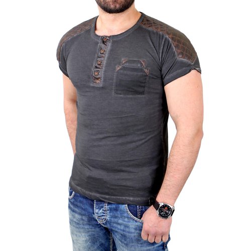 Tazzio T-Shirt Herren Kunst- Lederimitat Patched Buttoned Shirt TZ-15136 Anthrazit S