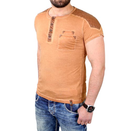 Tazzio T-Shirt Herren Kunst- Lederimitat Patched Buttoned Shirt TZ-15136 Camel S