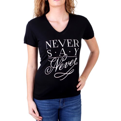 Madonna T-Shirt Damen ODA V-Ausschnitt Never Say Never Print Shirt MF-406906  Schwarz S
