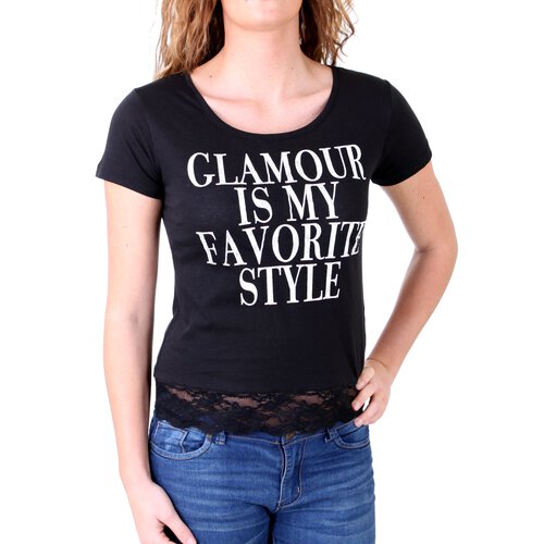 Madonna T-Shirt Damen VEGA Spitzensaum Glamour Print Kurzarm MF-406978 Schwarz XL