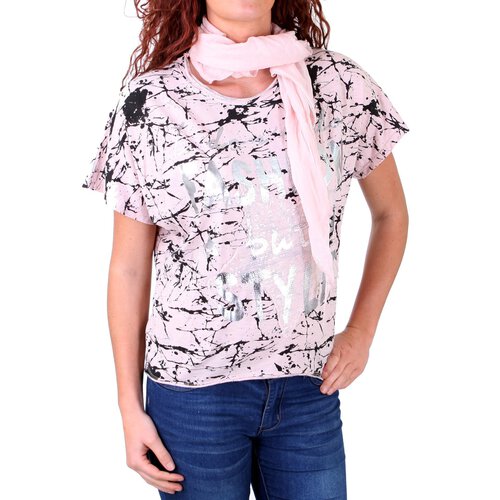 Madonna T-Shirt Damen VERENNA Oversize Allover Print Shirt mit Halstuch MF-741144 Rosa L