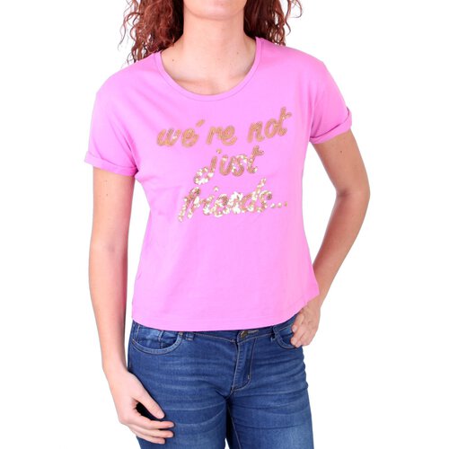 Madonna T-Shirt Damen ZAIN Rundhals Pailleten Aufdruck Short Cut Shirt MF-406974 Pink L