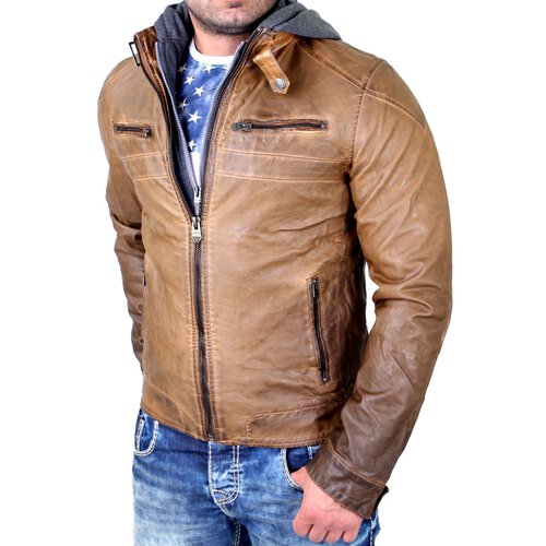 Reslad Lederjacke Herren Kunst- Lederjacke abnehmbarer Kapuzen-Sweater RS-09