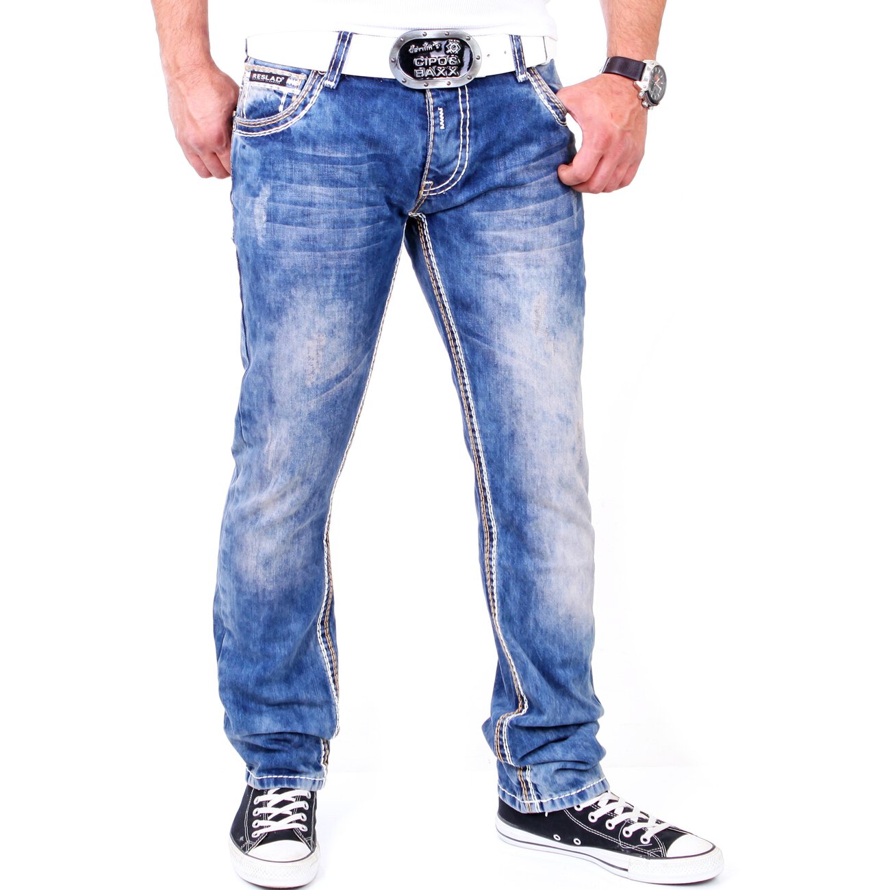 Reslad Herren Jeans Dicke Kontrast Doppel-Naht Used Look Jeanshose.