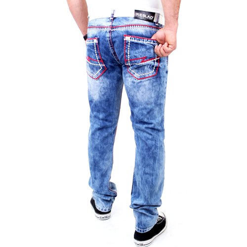 Reslad Herren Jeans Dicke Kontrast Doppel-Naht Used Look Jeanshose