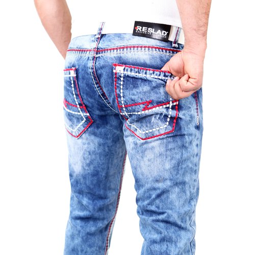 Reslad Herren Jeans Dicke Kontrast Doppel-Naht Used Look Jeanshose