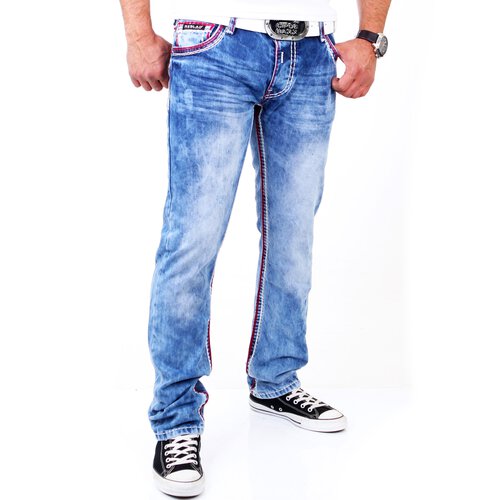 Reslad Herren Jeans Dicke Kontrast Doppel-Naht Used Look Jeanshose